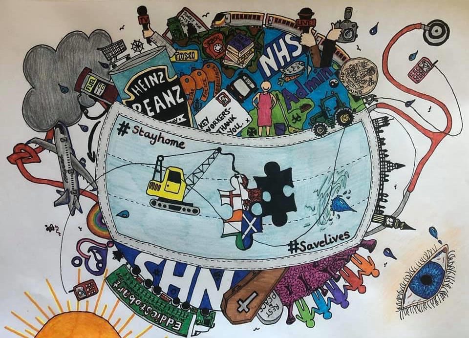 LHL_2020_011a: Drawing by Catherine Hayworth, 2020. Drawing of the earth with a large mask at the centre, surrounded by various icons representing the coronavirus pandemic in the UK.