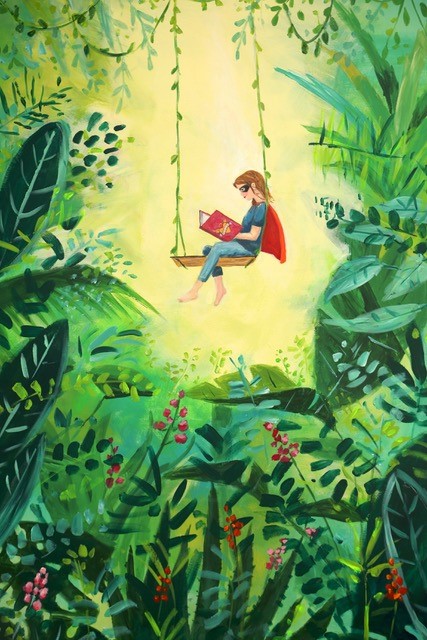 LHL_2020_012b: The artwork ‘Love’, © Angela Lock, 2020. Depicts a superhero on a swing; they are reading a book and the swing is surrounded by plant life.