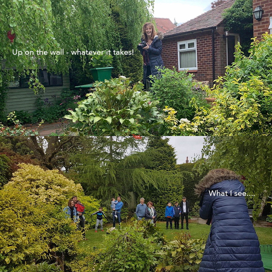 LHL_2020_014j – Project photographer Katherine shows how she takes her photographs – by standing in various places in gardens such as on walls and in the greenery! When lockdown restrictions eased and people were allowed to visit friends or family in gardens…