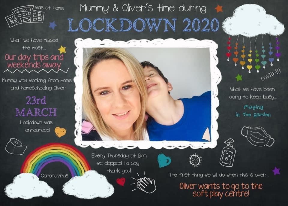 LHL_2020_016: Time-capsule graphic of Lockdown 2020 for Louise and Oliver, from Cheadle. In the style of a chalk board, with a colour photograph of Louise and son Oliver; and writing which says: 'Mum and Oliver's time during LOCKDOWN 2020. What we have missed the most... Our day trips and weekends away. Mummy was working from home and homeschooling Oliver. 23rd MARCH Lockdown was announced. Coronavirus. Every Thursday at 8pm we clapped to say thank you! Covid-19. What we have been doing to keep busy... Playing in the garden. The first thing we will do when this is over... Oliver wants to go to the soft play centre!  