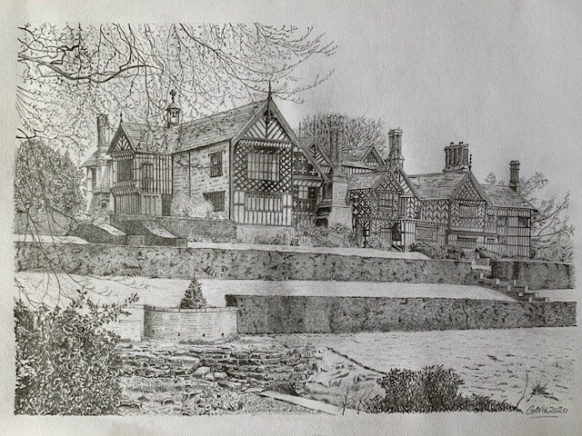 LHL_2020_022: detailed drawing of the East aspect of Bramall Hall and the gardens below.