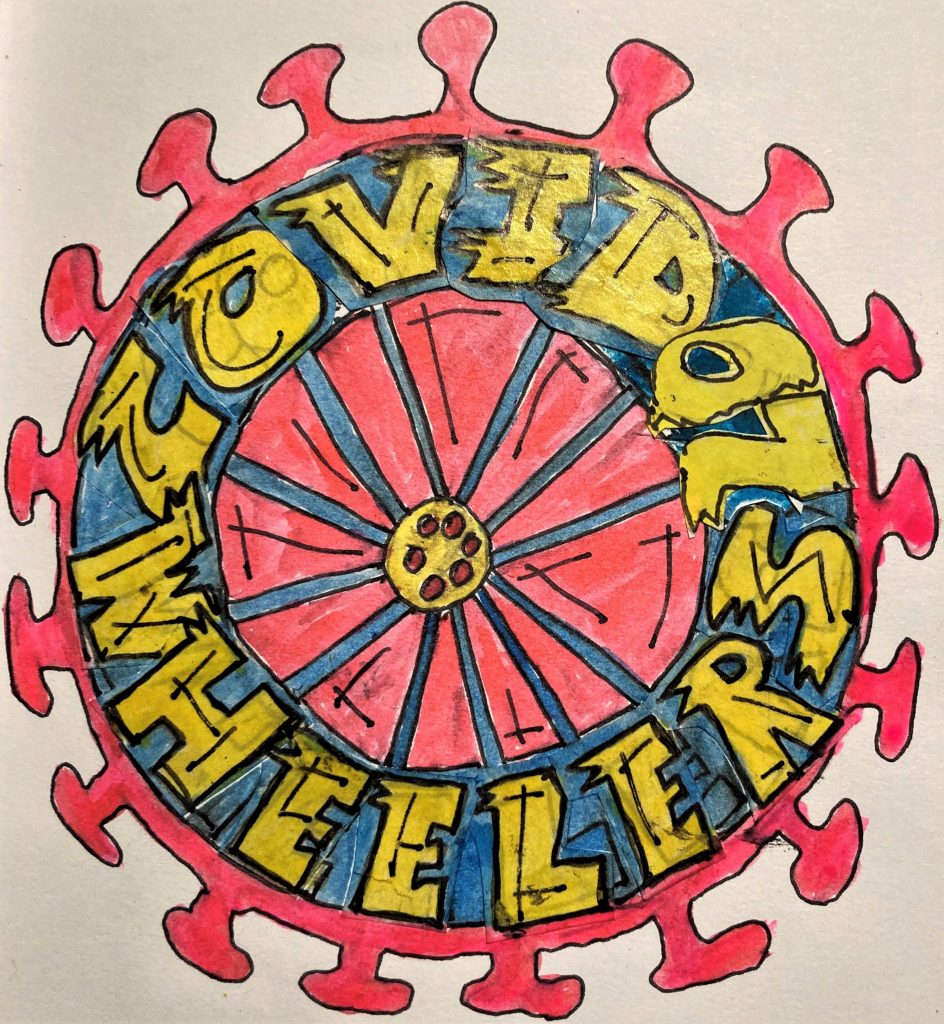 REF_1231a: drawing of a cog in pink and yellow, with the words COVID WHEELERS 20 inside the cog.