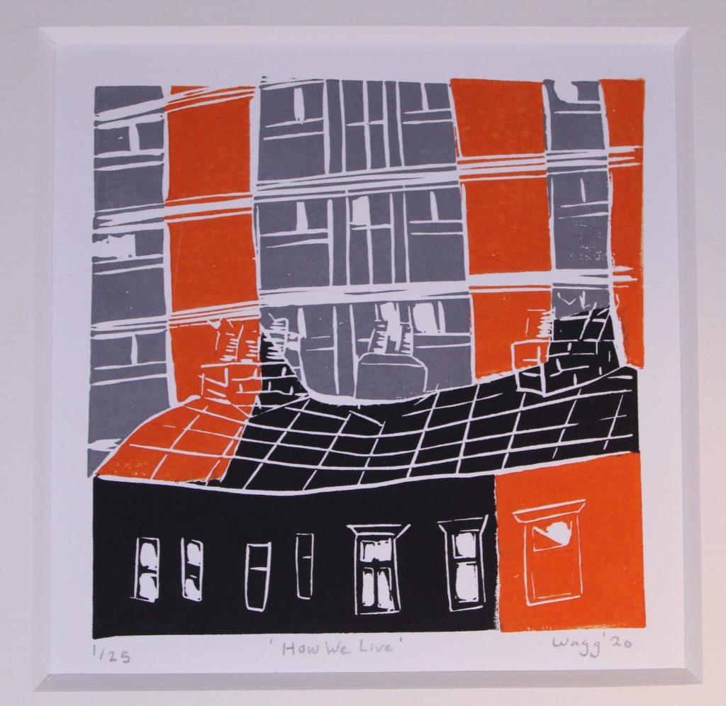 STOPM_2020_481a: Print by Jackie Wagg, depicts the roof and top row of windows of a building in the foreground, and a high rise building in the background. The colours of the print are black, orange and grey. Video transcription available.