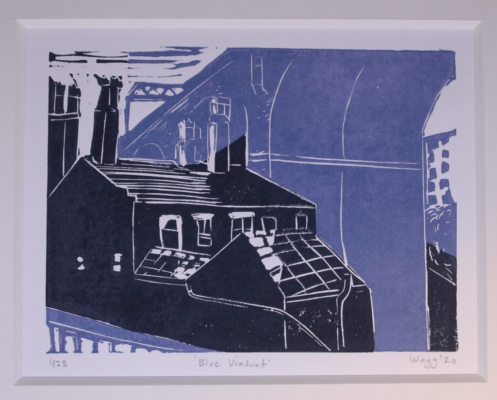 STOPM_2020_482a: Print by Jackie Wagg, depicts part of the Stockport viaduct and a building below. The colours of the print are dark grey and blue-grey. 2 video transcriptions available.