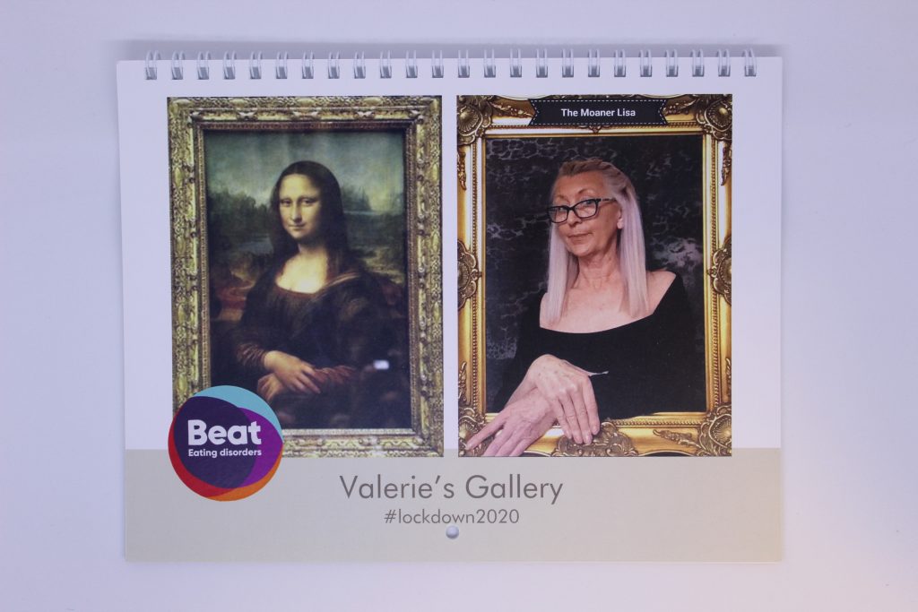 STOPM_2020_545b: front cover of a ring bound calendar. The cover has an image of the painting Mona Lisa by Leonardo da Vinci at the left, and an image of Valerie recreating this painting on the right - with her hands crossed over in the same manner. The logo for the charity Beat has been added, and the text 'Valerie's Gallery #lockdown2020'.